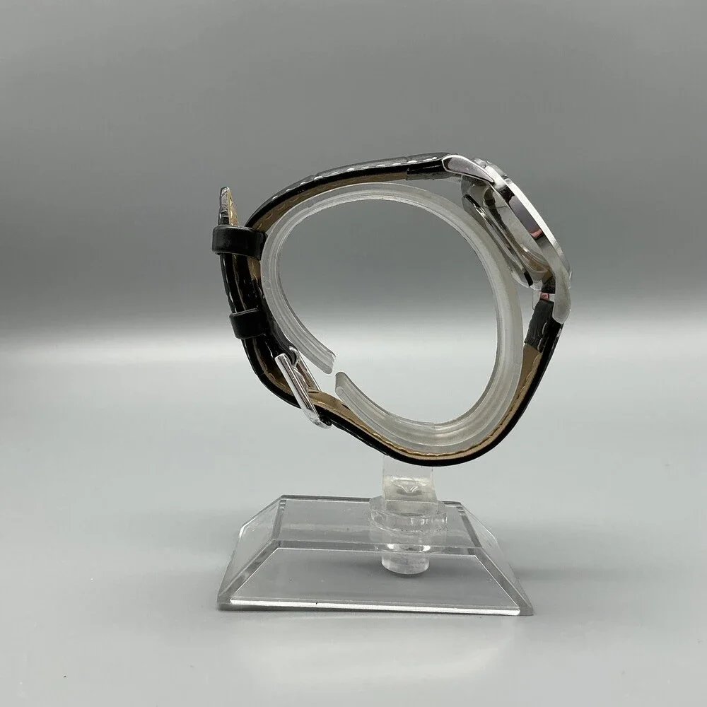 Q&Q Womens Watch 30mm Black Dial Silver Tone Black Leather Band New Battery